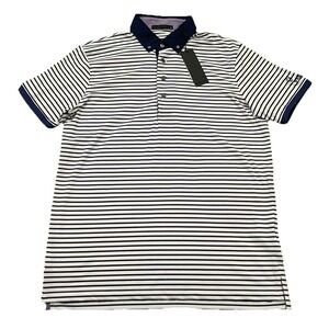 NEW Greyson Dakota Golf Polo Medium Striped Navy Blue / White Stretch Wicking